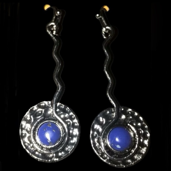 Lapis Lazuli Hammered Plate~ Tribal Ethnic Wavy Spiral Swirl Disc Platter Dangle - Picture 11 of 15